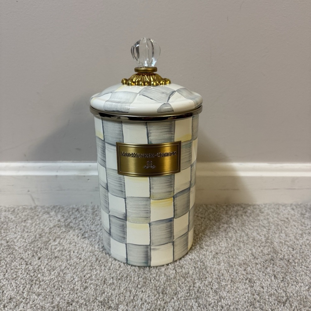 MacKenzie-Childs Sterling Check Large Canister Hand Painted Checks Glass Knob